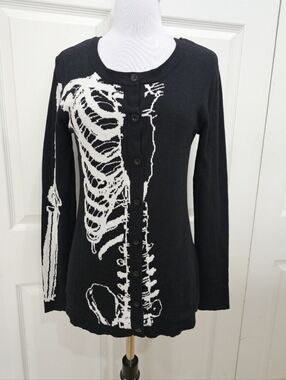 Vintage Hot Topic Y2K Iron Fist Punk Goth Black White Skeleton Sweater Cardigan